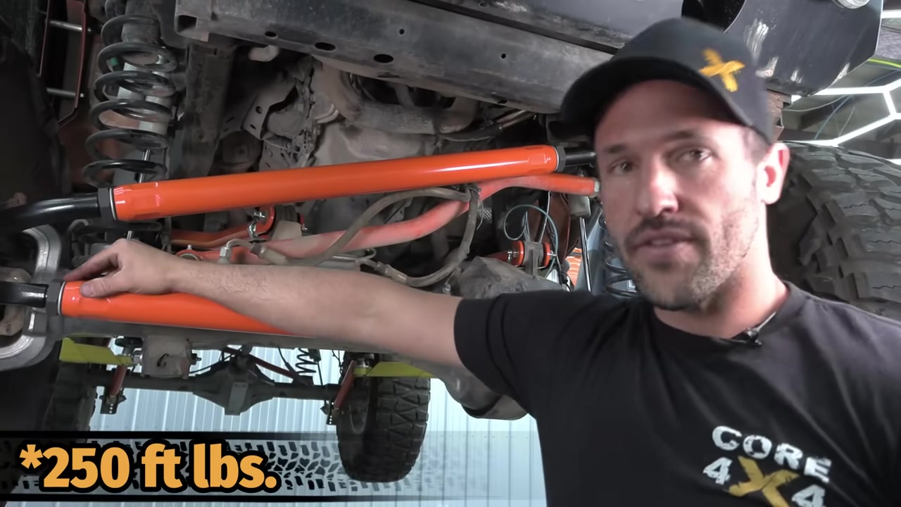 Torquing jam nuts on Core 4x4 steering kit with 250 ft-lbs spec shown
