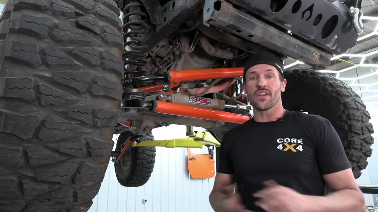 Completed Core 4x4 2.5 ton steering upgrade on Jeep Wrangler JK viewed from underneath