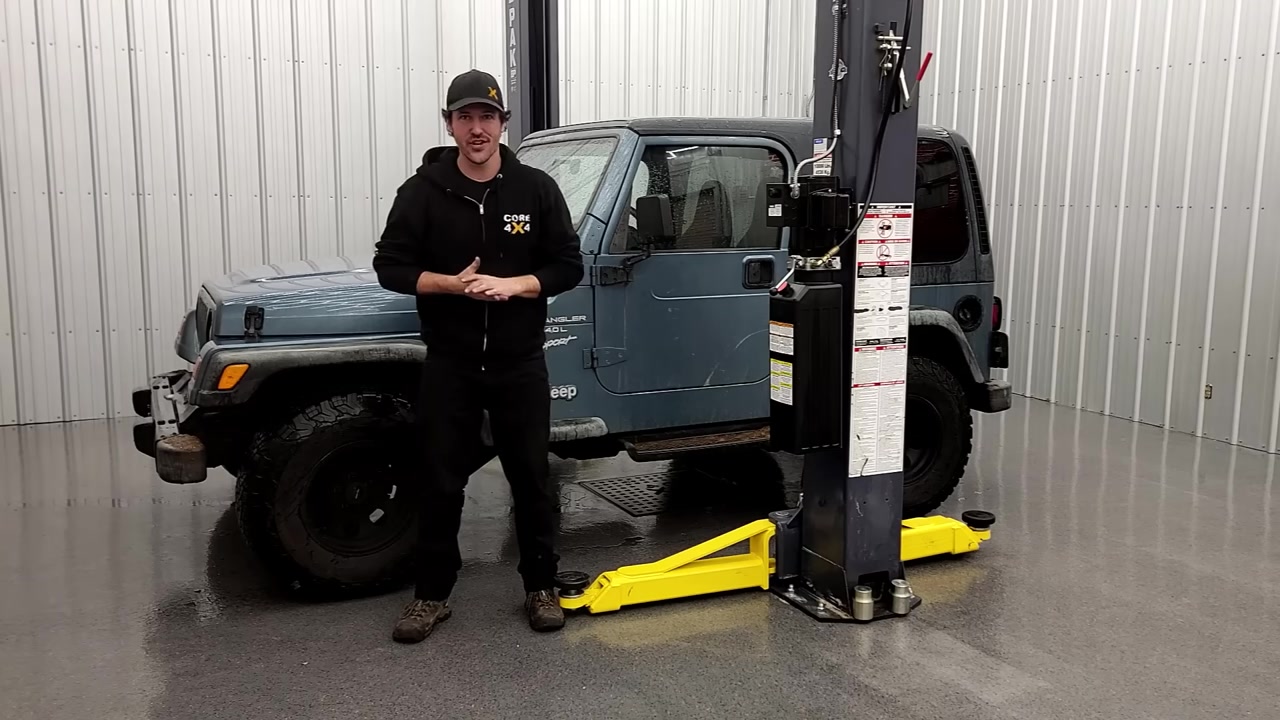 TJ Wrangler in the Core 4x4 shop ready for a track bar upgrade