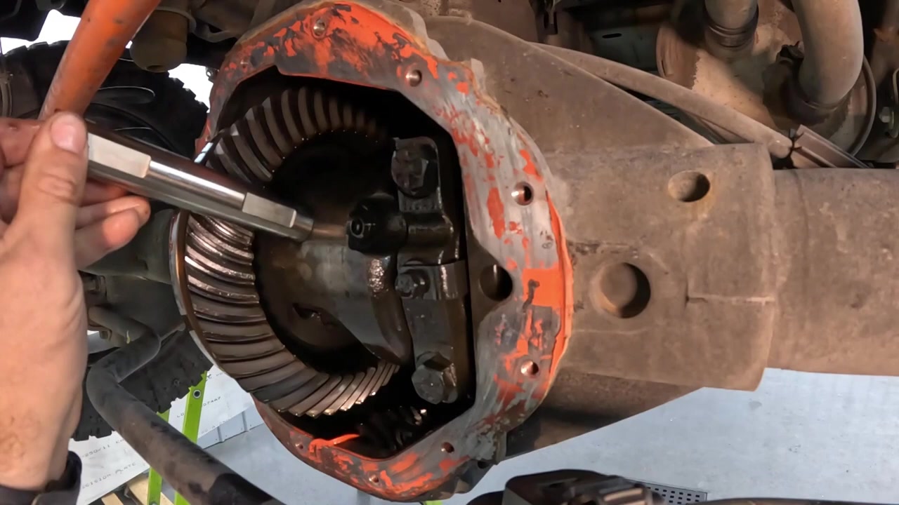 Rear differential with cover removed showing the ring gear and carrier during reassembly on the Ram 1500