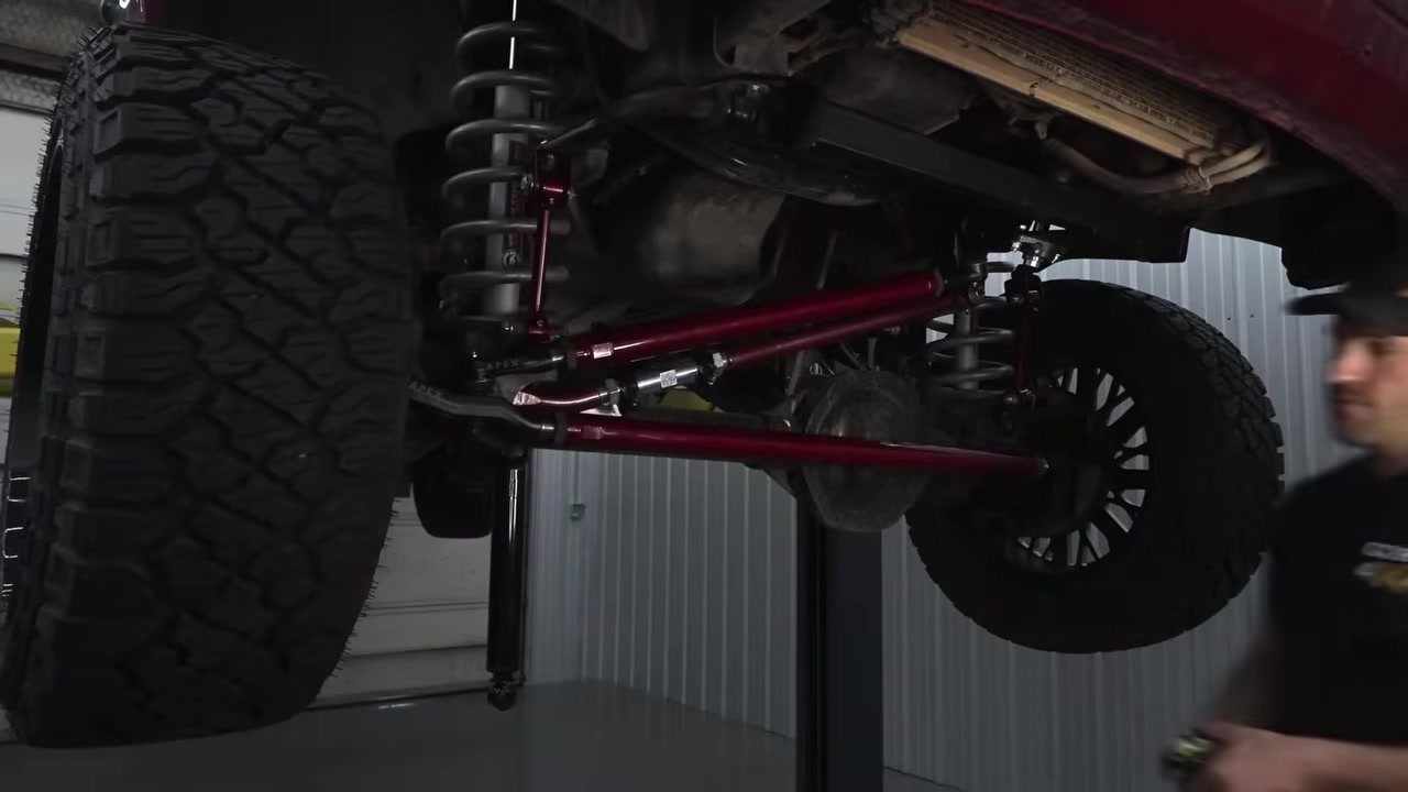 Completed Core 4x4 steering upgrade visible from underneath the Ram 3500 showing tie rod, drag link, and steering stabilizer