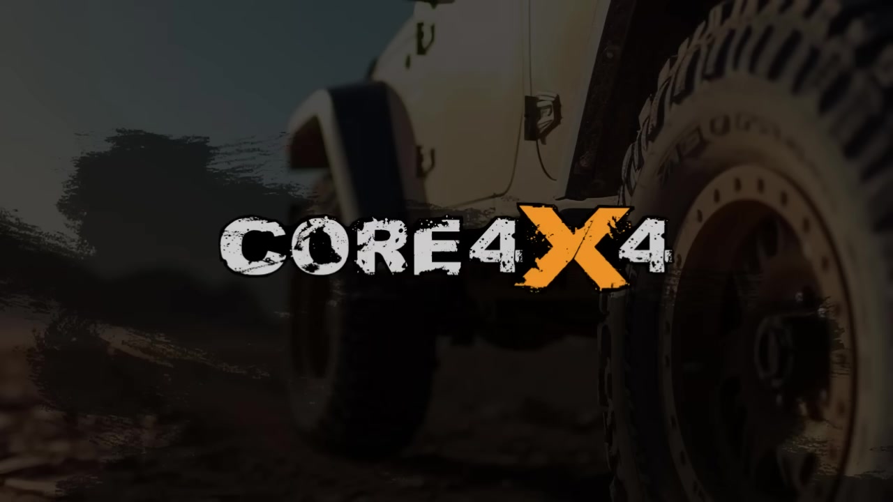 Core 4x4 logo overlaid on a Jeep Wrangler with off-road tires