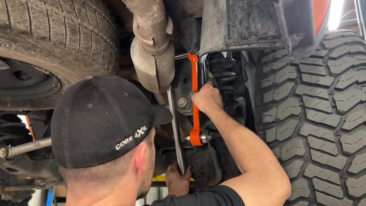 Close-up of the new Core 4x4 Track Series end link torqued and installed on the Ram 1500 rear sway bar