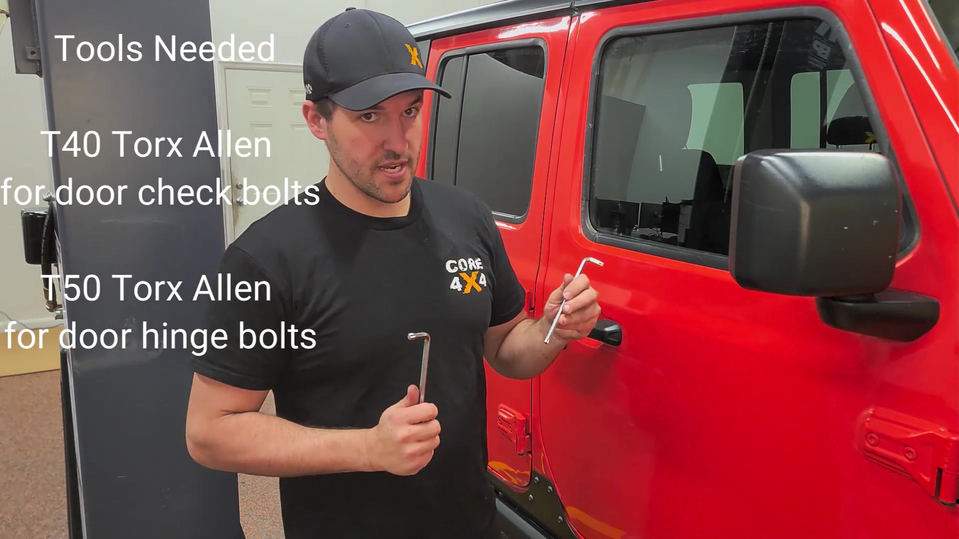 Spence holding T40 and T50 Torx bits next to the red Jeep JL, with tools-needed text overlay