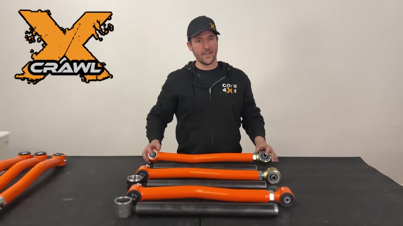Track Series (Crawl) control arm with Johnny Joints at both ends, shown with Crawl series graphic