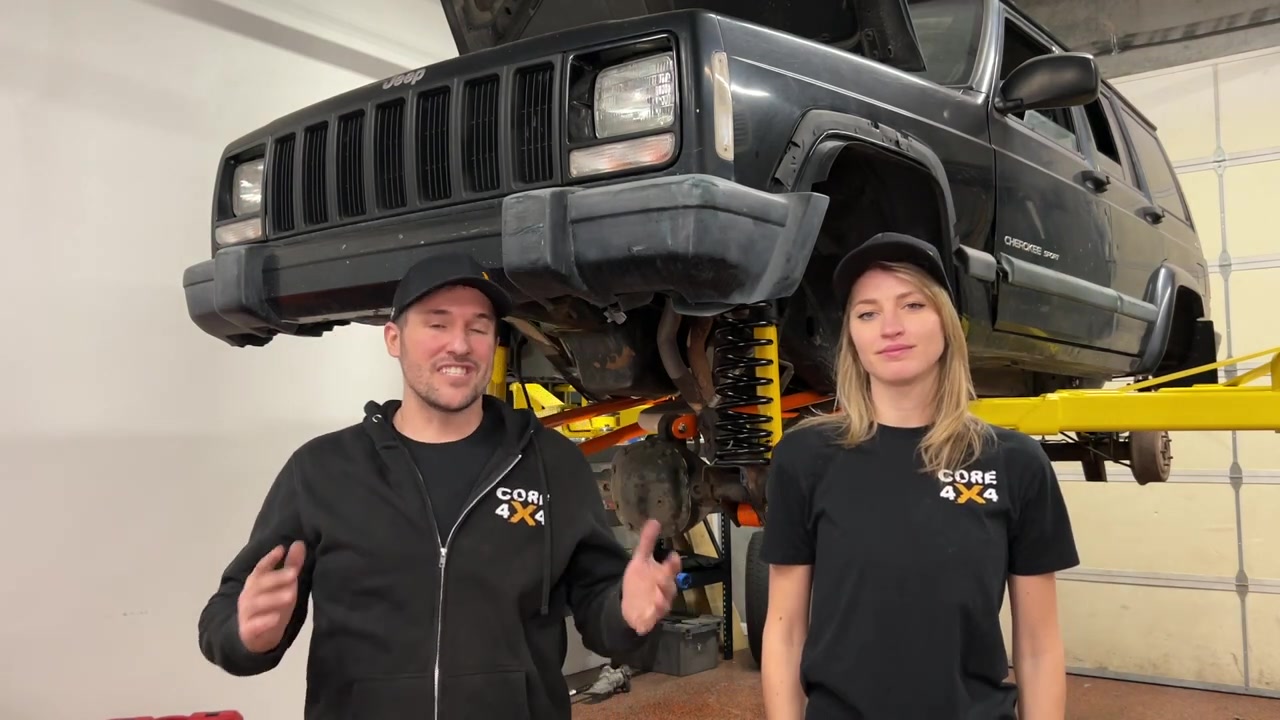 Core 4x4 shop XJ Cherokee on the lift ready for heavy duty steering install
