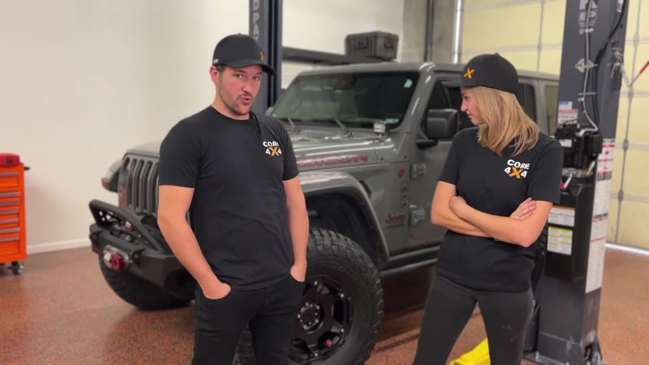 Spence and Gabby in the Core 4x4 shop with the JL Rubicon before the control arm install