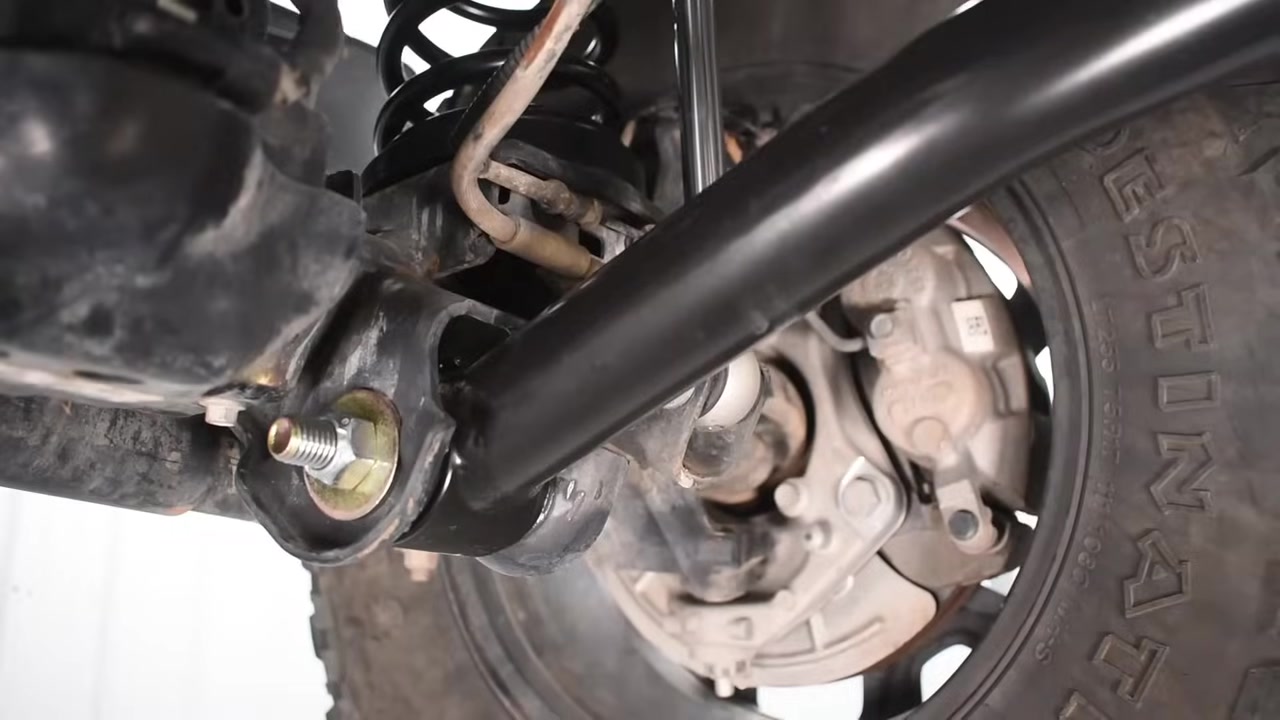 Aftermarket adjustable control arms installed on a solid front axle with coil spring and brake rotor visible