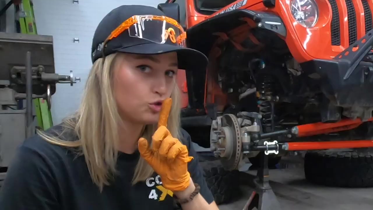 Gabby explaining alignment tips after completing the Core 4x4 steering kit install on the JL Wrangler