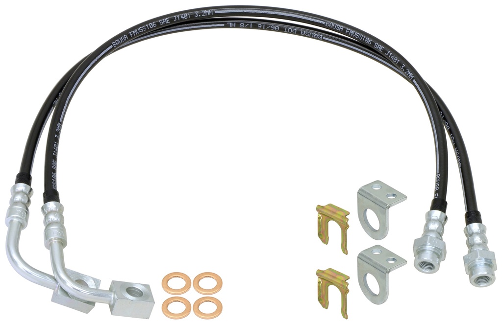 RockJock Brake Hose Kit, JK Front Or Rear, Incl. Frame Tabs, Clips, Copper Washers, For Use w/Antirock System, 23.5 in. Long, Pair