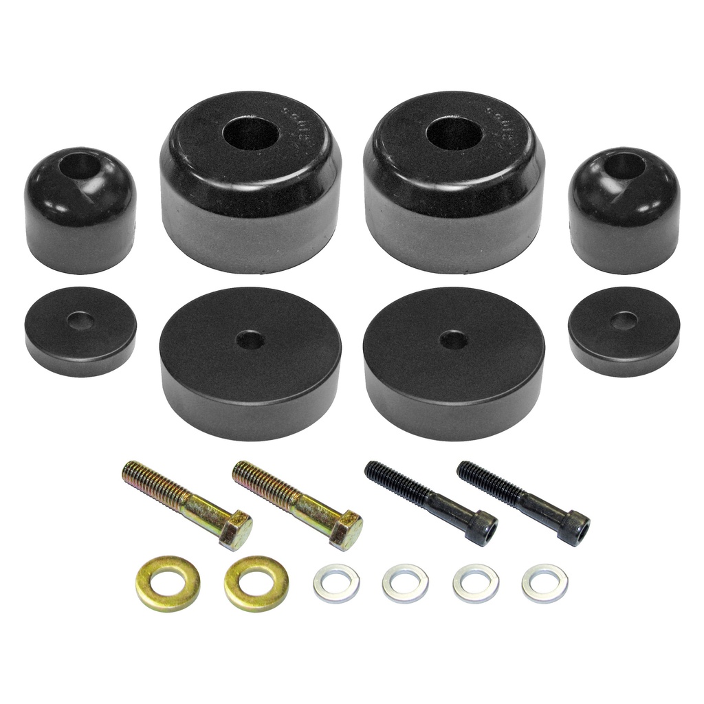 RockJock Bump Stop Kit, TJ/LJ/XJ/MJ Front, Incl. Polyurethane RockJock Bump Stops, Aluminum Spacers, Hardware