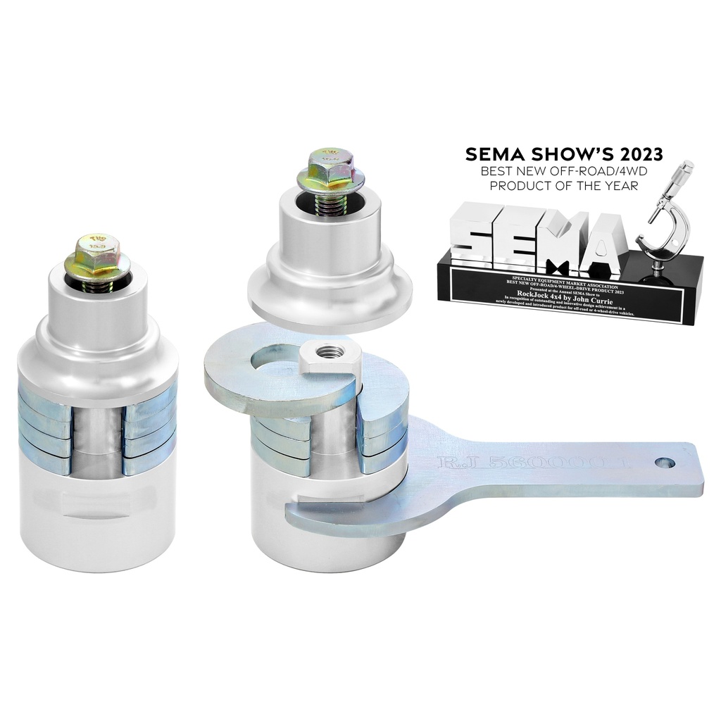 RockJock JL/JT and JK Adjustable Front Upper Bump Stops, Billet Aluminum, Complete w/ Steel Shims, Hardware, Wrench. Height Adjustment Range: 1.89 in. - 3.15 in.