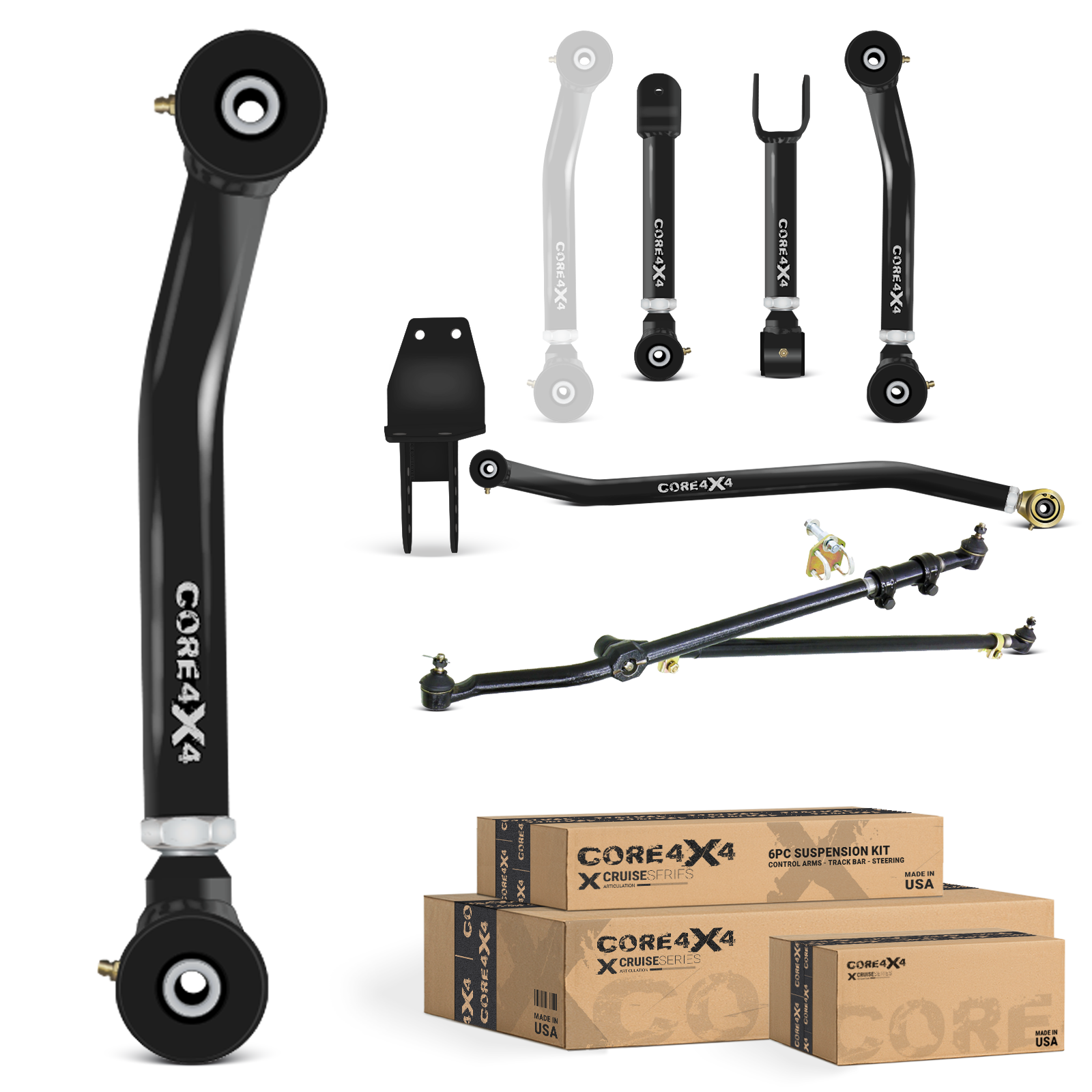 Jeep Cherokee XJ 84-01 MJ 86-92 6pc Cruise Series Adjustable Control Arms, Track Bar, Steering Kit