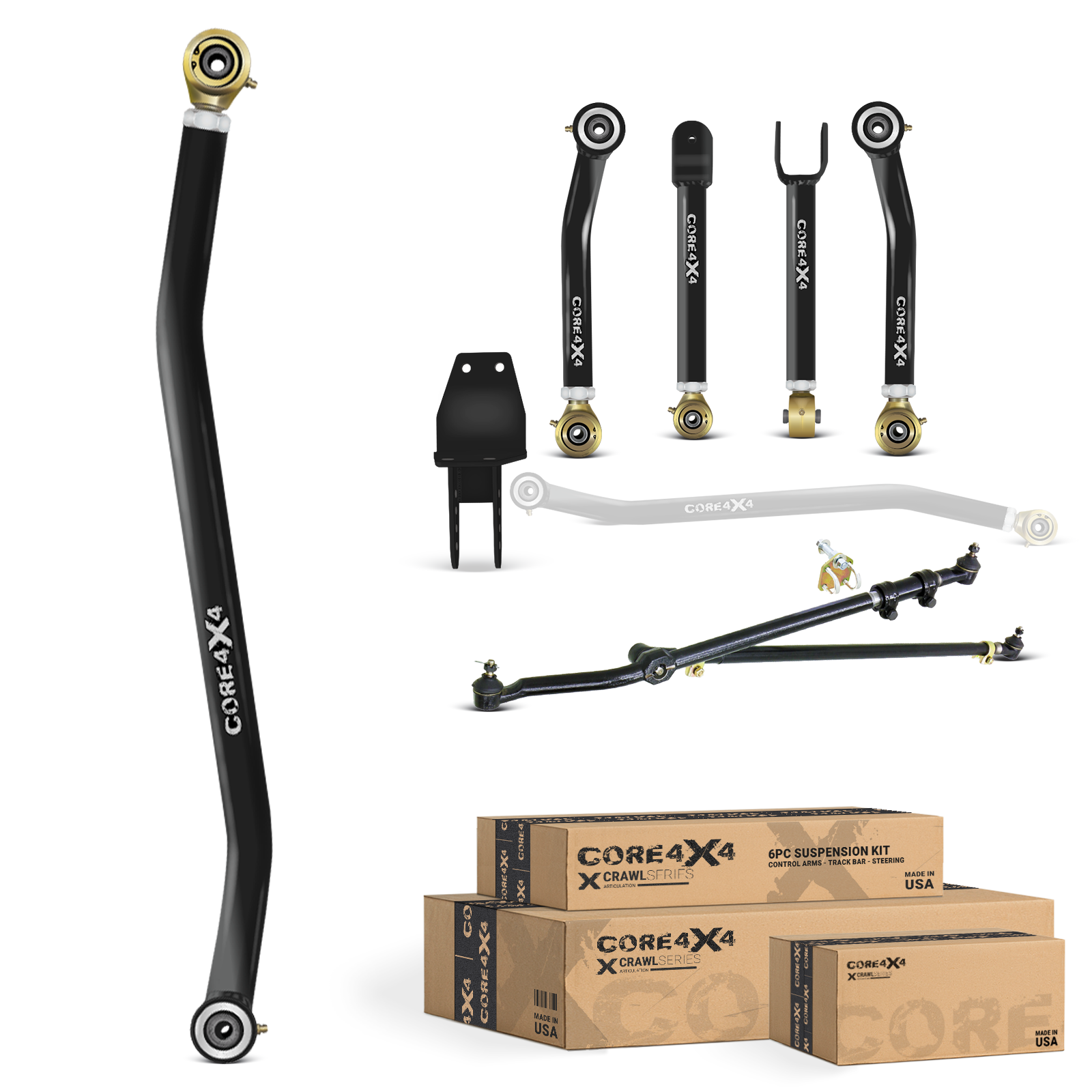 Jeep Cherokee XJ 84-01 MJ 86-92 6pc Crawl Series Adjustable Control Arms, Track Bar, Steering Kit