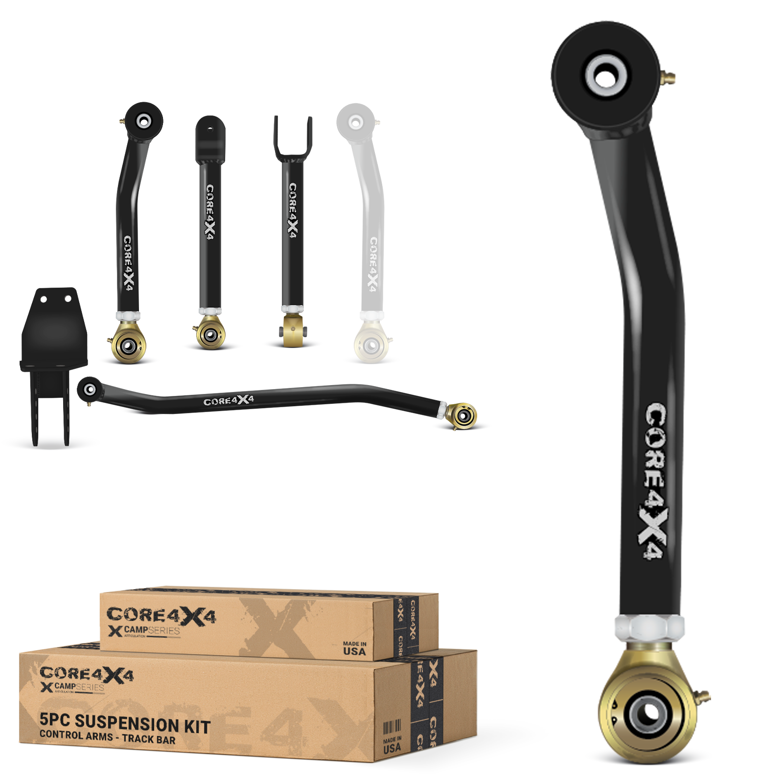 Jeep Cherokee XJ 84-01 MJ 86-92 5pc Camp Series Front Adjustable Control Arm, Track Bar Kit
